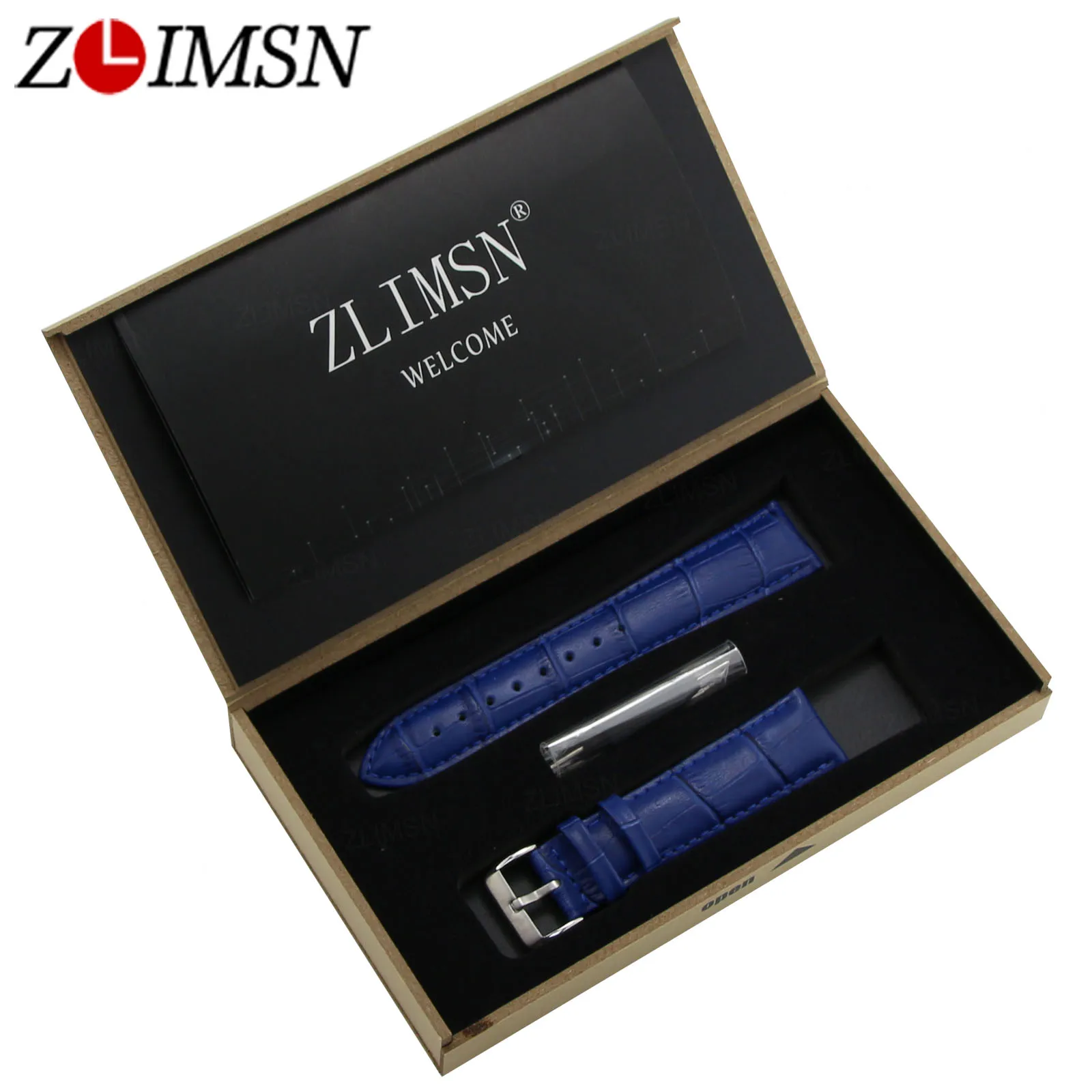 ZLIMSN ремешок для часов из натуральной кожи с пряжкой нержавеющей стали синий под