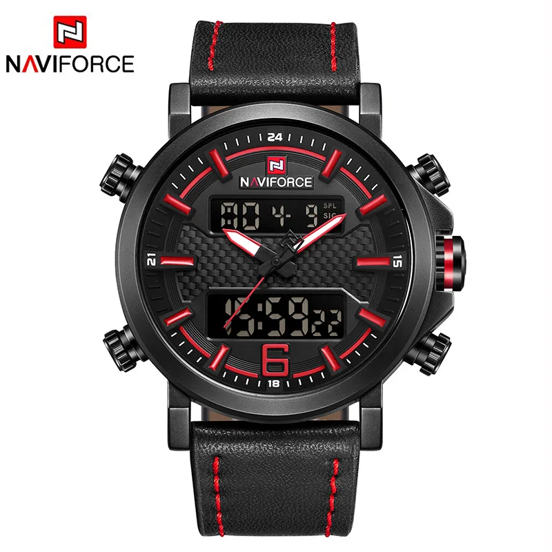 Black Red NAVIFORCE цифровые часы для мужчин водонепроницаемые люксовый бренд Мужские часы со светящимся циферблатом кожаный ремешок мужские наручные часы Relojes - Цвет: Black Red