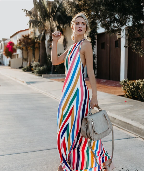 Платье женское длинное в стиле бохо модное Радужное пляжное макси платье полоску