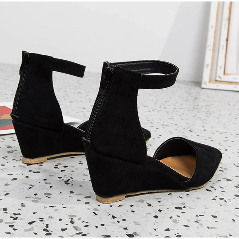 Women Wedge Ankle Strap Pumps Zipper Suede Leopard Pointed Toe Shallow Ladies Shoes Summer Plus Size Casual Sandals New Female