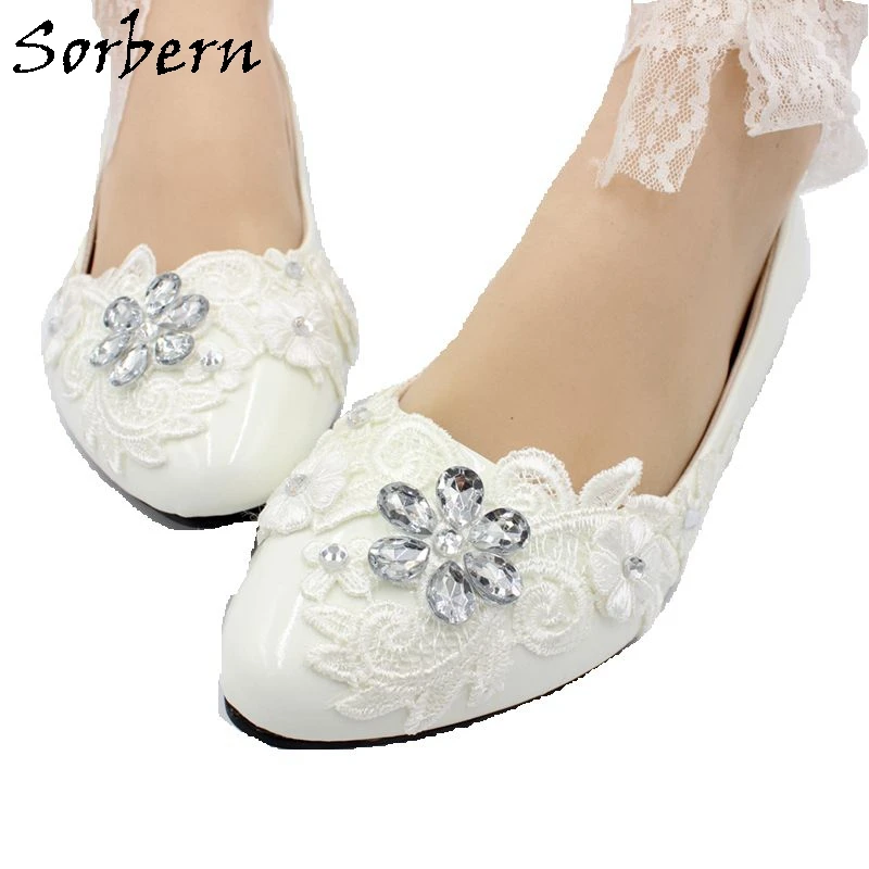 

Sorbern 2019 Spring Wedding Shoes Lace Applique Crystal Bridal Shoes Lace Up Pointed Toe Slip On Ladies Party Pumps Shoes