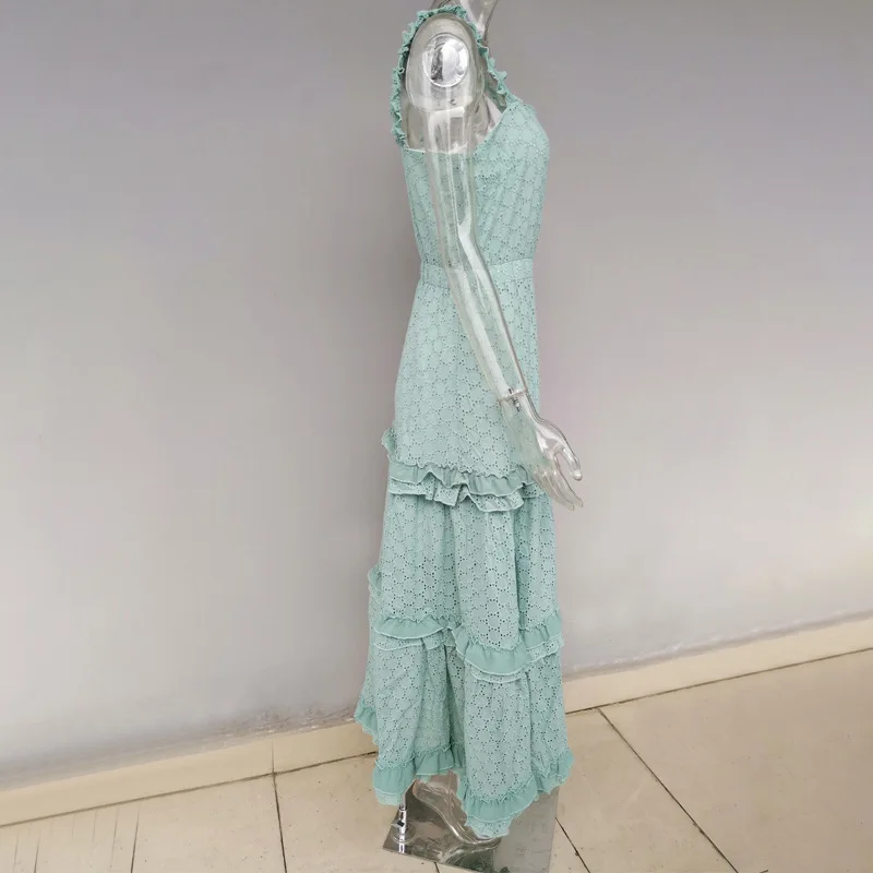 Летнее праздничное платье в стиле Boho-Chic летнее женское сексуальное кружевное плиссированное платье на тонких бретельках длинное Хлопковое платье