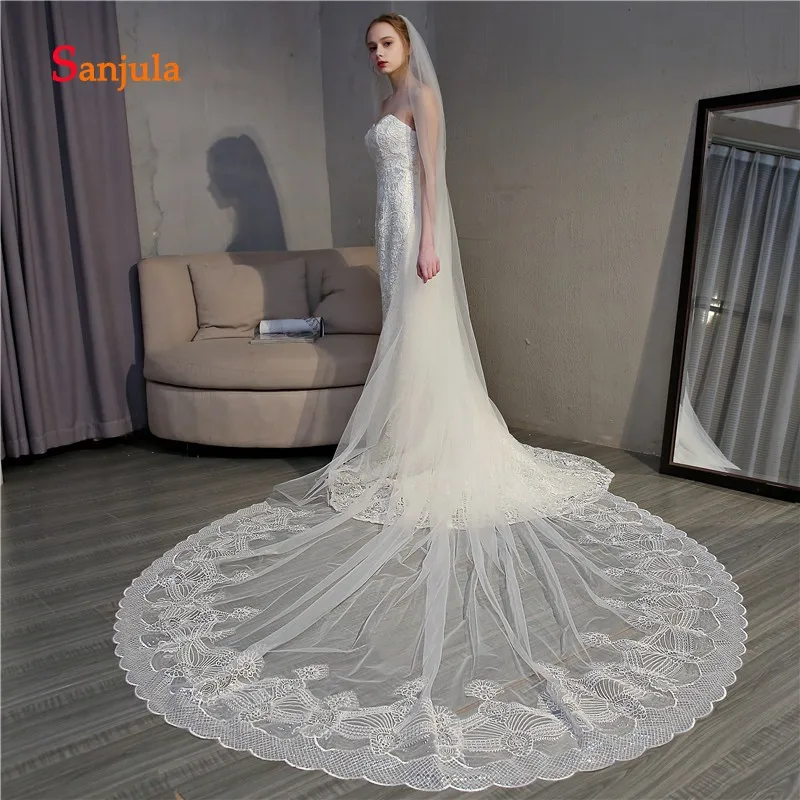 Unique Sequins Lace Appliques Long Bridal Veils with Comb Ivory Wedding Veil Church Accessories braut schleier V78 | Свадьбы и
