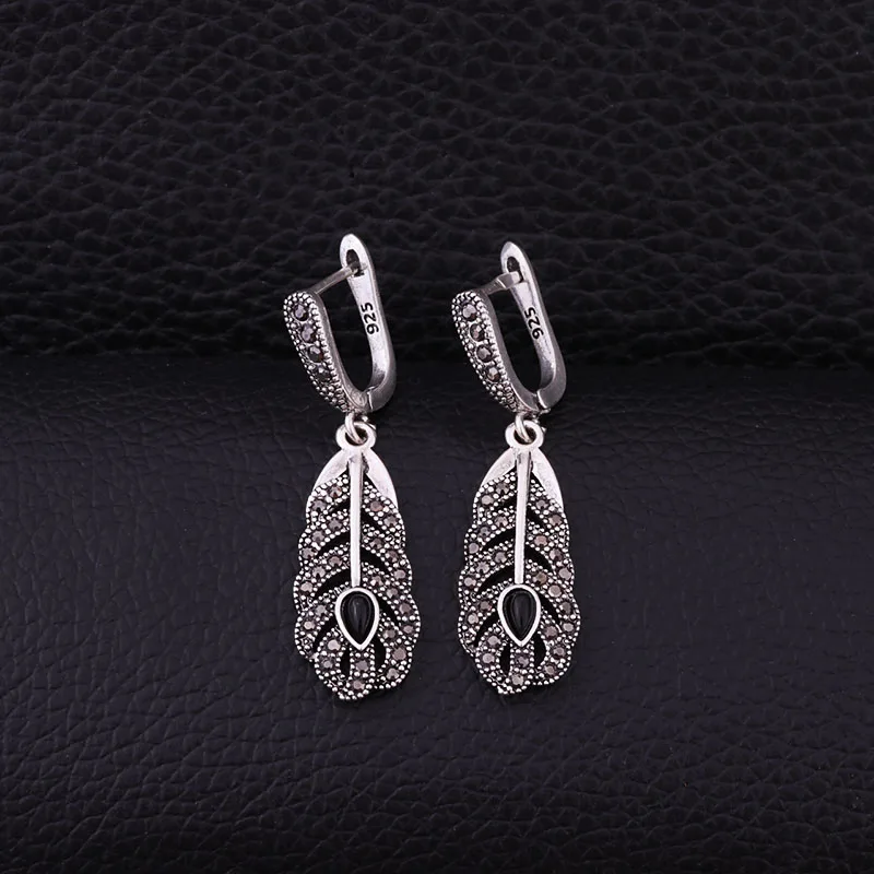 black Sellsets New Vintage Silver Color Feather Earring Black CZ Rhinestone Dangle Drop Earrings Women Jewelry Party Gift - Окраска металла: black