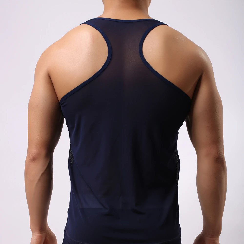 Майка мужская сетчатая нейлоновая облегающая прозрачная рубашка для