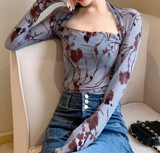 Brand Flora Print Square Neckline Basic T Shirt Casual Hollow Out Women Shirt All Match Fitness Elastic T Shirts - Цвет: CY657