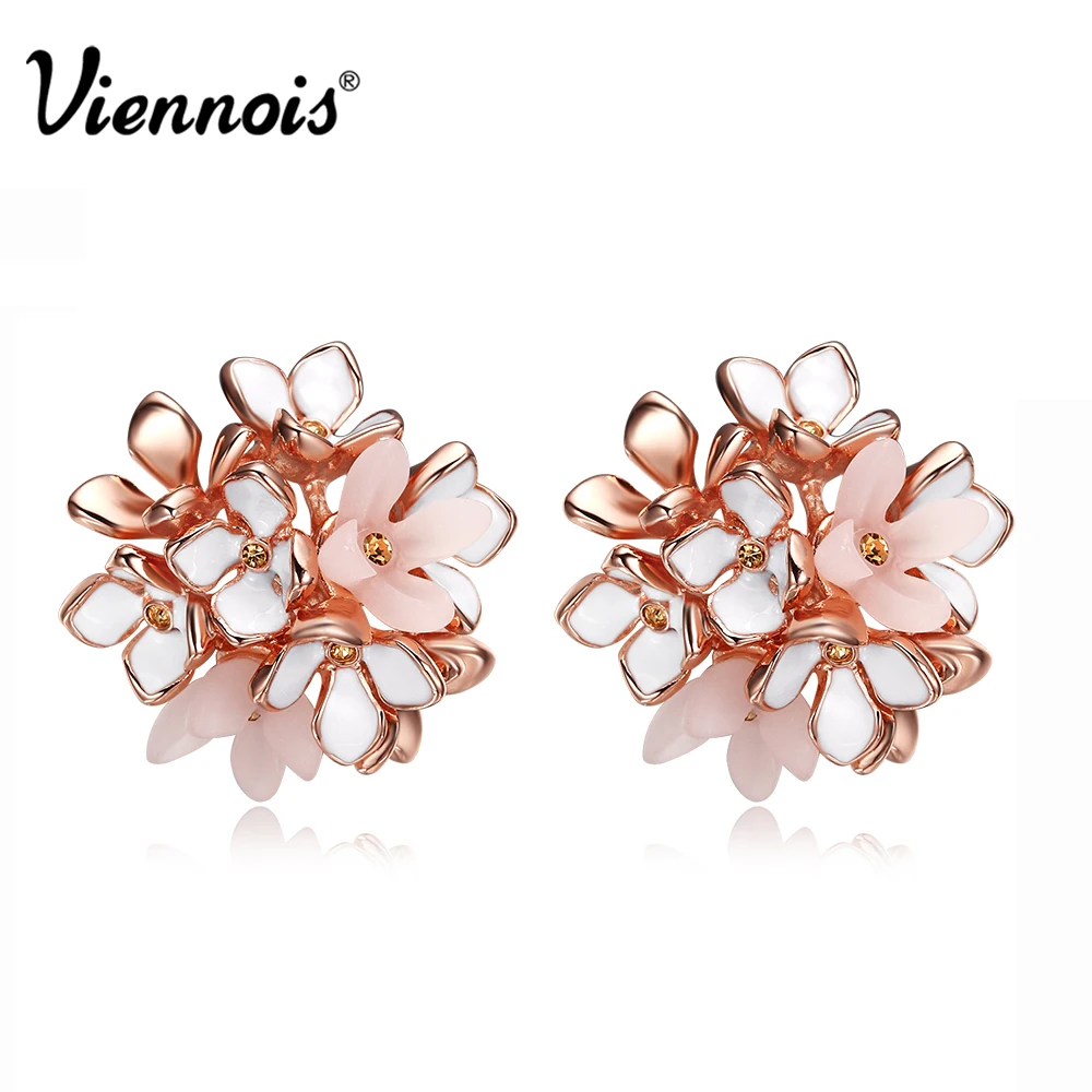 Viennois Новый Elegant Rose Цветка Цвета Золота Серьги Стержня для Женщин Эмаль &amp Pink Смола
