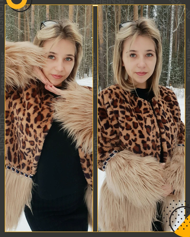Sheinside контрастное пальто из искусственного меха с леопардовым принтом, зимняя женская куртка, верхняя одежда с длинным рукавом, повседневные женские пальто и куртки