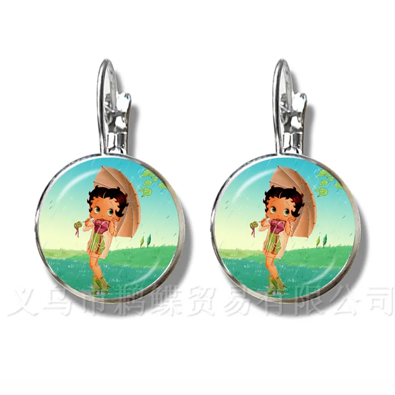 

Betty Boop Earrings Harajuku Cute Cartoon 16mm Glass Cabochon Jewelry Fashion Silver Plated Stud Earrings Best Gifts For Girls