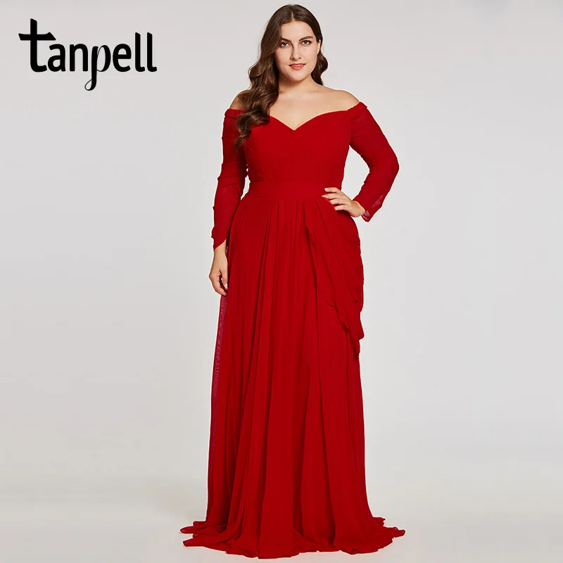 

Tanpell off the shoulder evening dress red 3/4 length sleeves a line gown women pleated floor length formal plus evening dresses