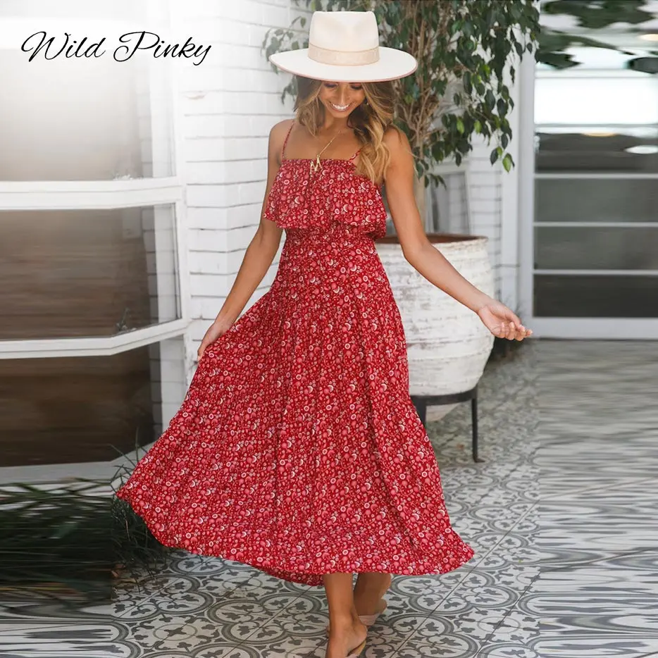 

WildPinky Summer Beach Midi Dress Women Floral Print Boho Long Dress Ruffles Strapless Casual Sexy Strap Party Dress Vestidos