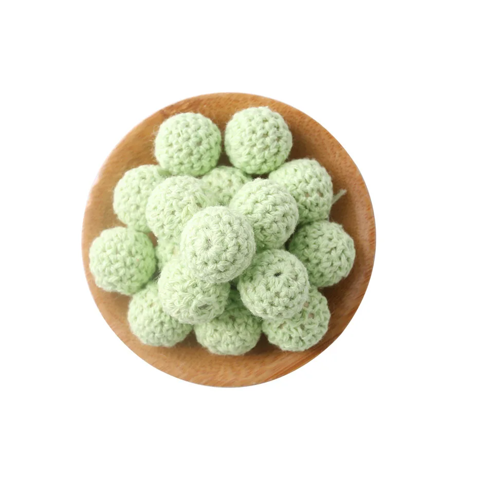 Mint Crochet Beads 15 шт., 16 мм, Детские Прорезыватели для зубов, вязанные деревянные бусины, хлопковые круглые бусины, Детские Прорезыватели для соски, цепные аксессуары, детские деревянные Прорезыватели для зубов - Цвет: Mint Crochet Beads