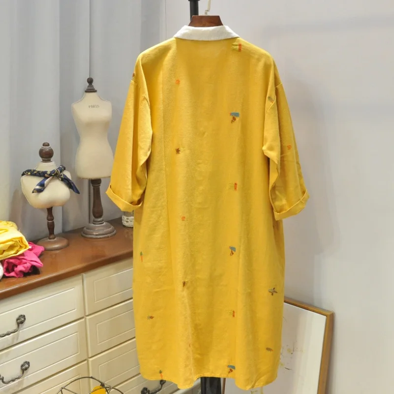 Embroidery Shirt Dress Autumn Long Sleeve Knee Length Loose for Women | Женская одежда