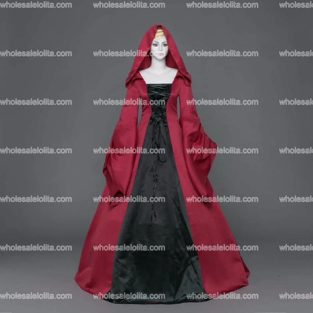 Готическое Черное и винно-красное платье с капюшоном для косплея ведьмы на