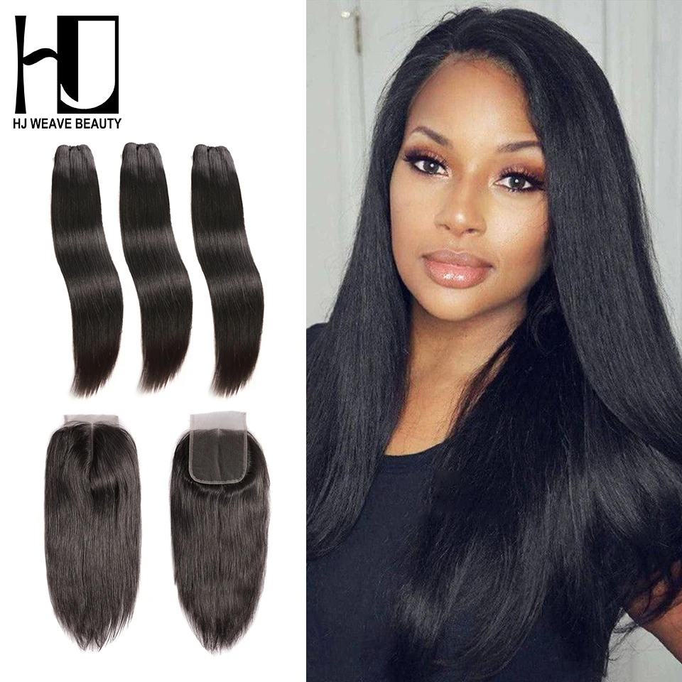 HJ WEAVE BEAUTY Необработанные индийские виргинские волосы прямые пучки с закрытием