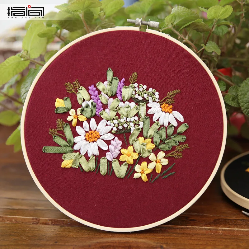 purple red Цветочный ленты Сделай Сам Вышивка для начинающих рукоделие практика Наборы с обручем настенная художественная картина украшения дома удовлетворения комплекты Craft - Цвет: purple red