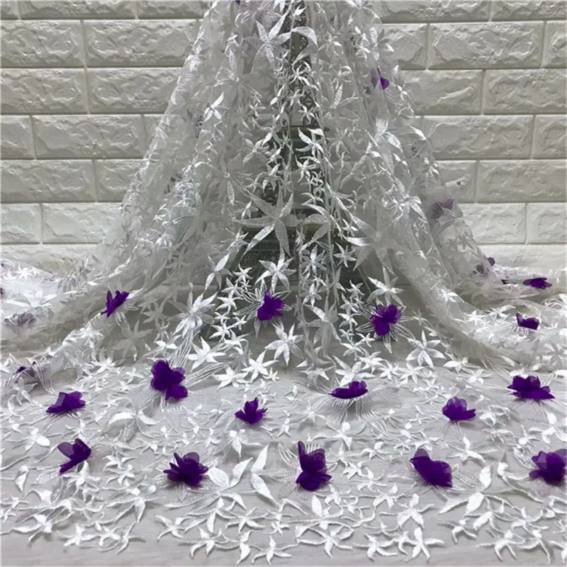 Французская африканская кружевная ткань Фиолетовый Белый гипюр 3D Цветочный