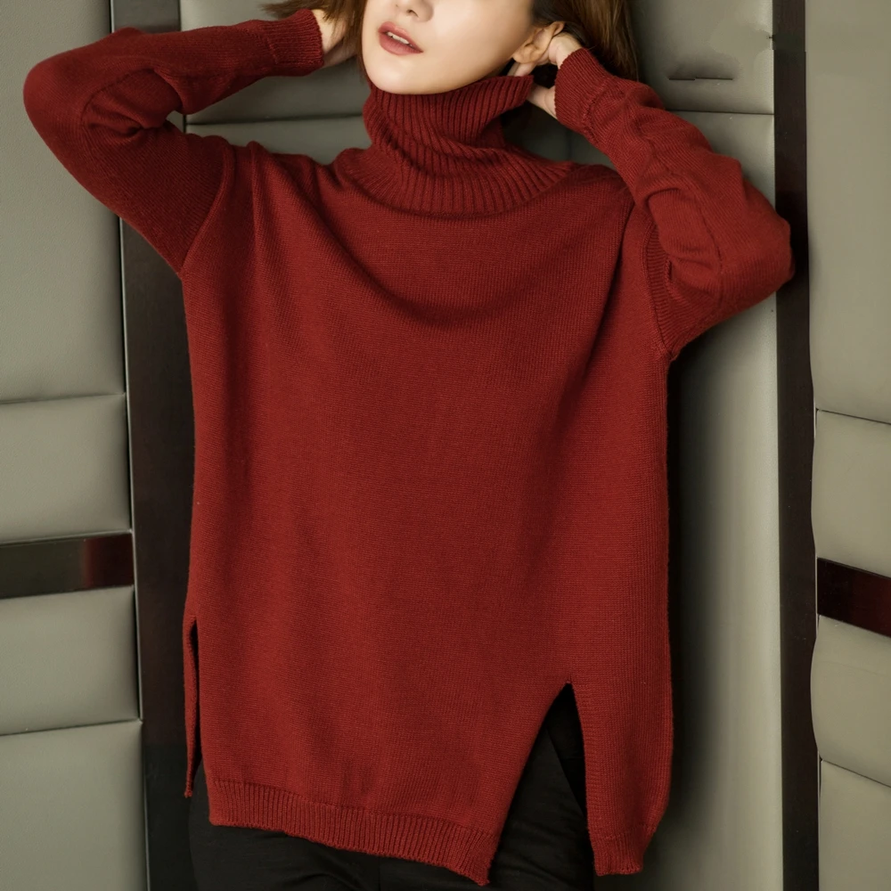 2019 осенне-зимняя рубашка летучая мышь пуловер с высоким воротником и разрезом