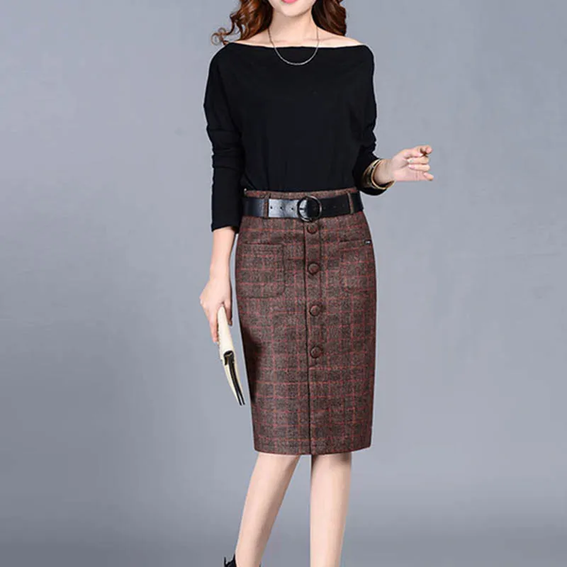 Женская шерстяная юбка средней длины винтажная прямая клетчатая до колена с