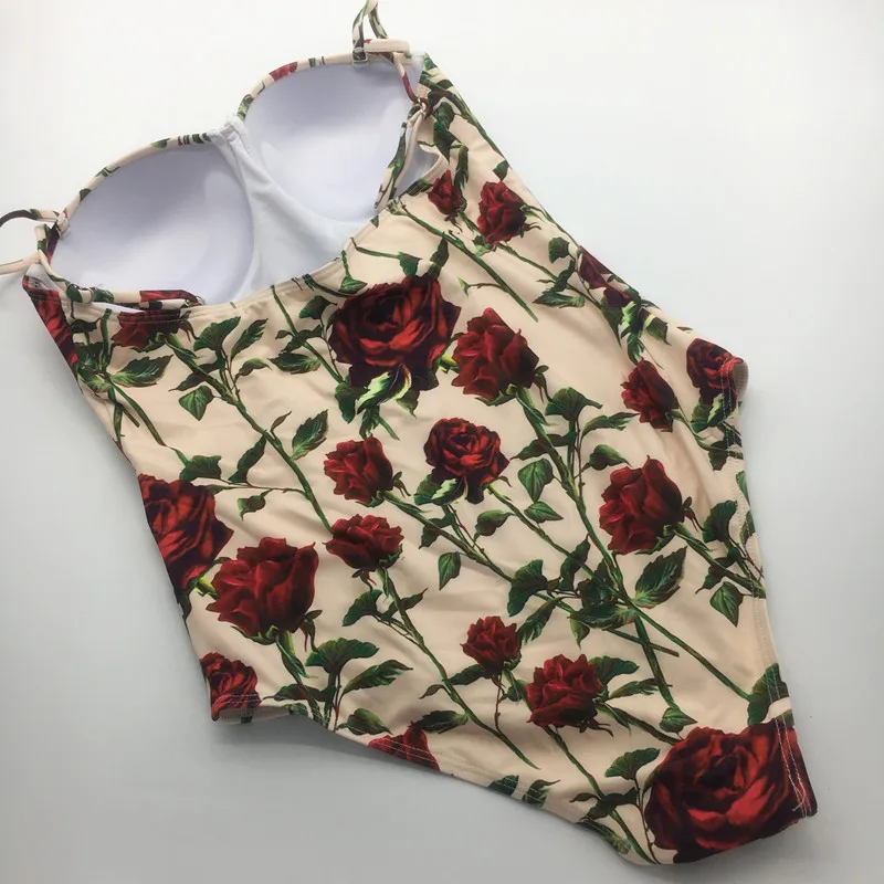 Женский винтажный купальный костюм розового цвета с принтом красной розы