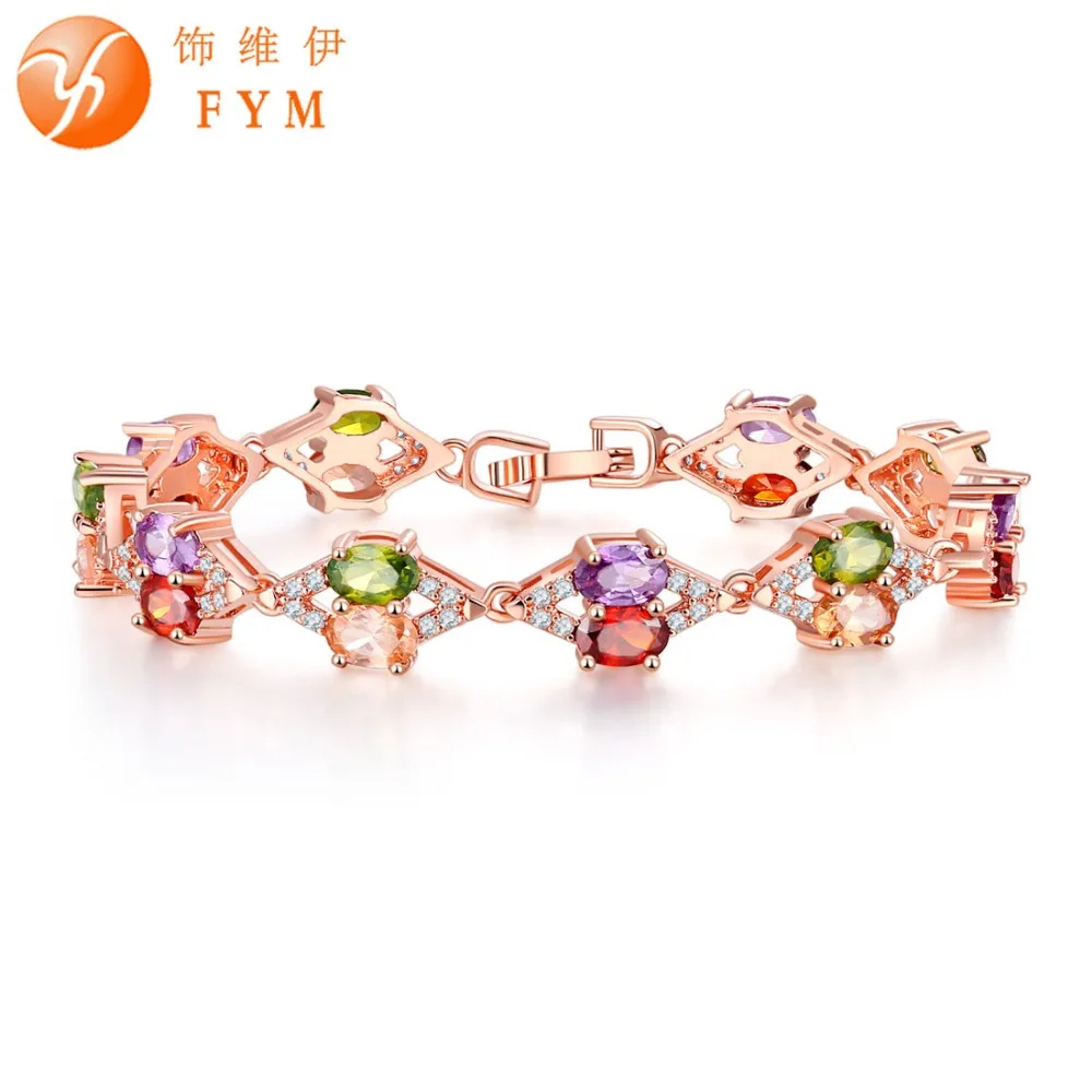 

FYM Fashion Rose Gold Color Bracelet Jewelry Multi-Color Cubic Zircon Crystal Jewelry Bracelets For Women Party