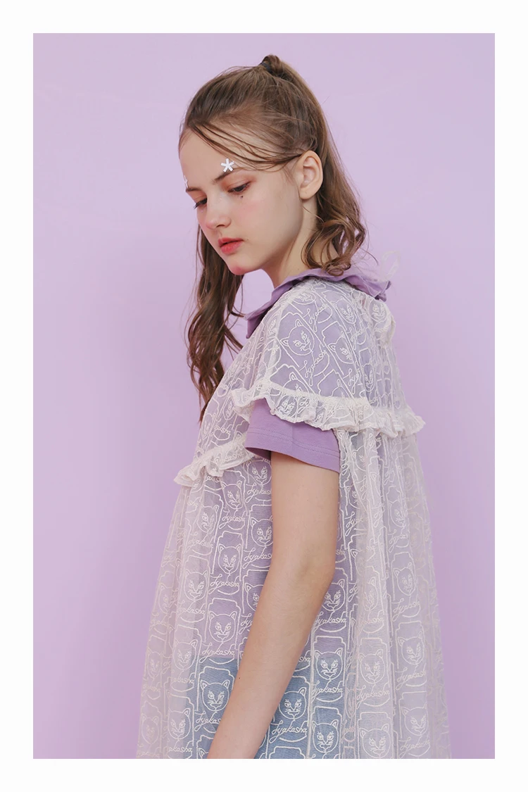 Милое женское полупрозрачное укороченное платье в консервативном стиле с милым рисунком кота, оборками, длиной до середины икры, свободные сетчатые платья для девочек с коротким рукавом