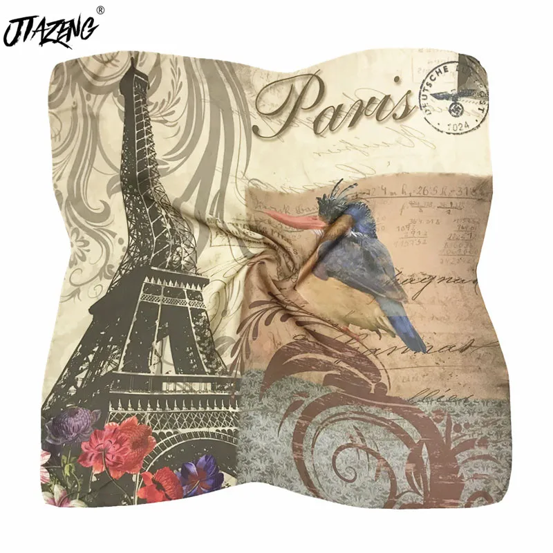 

Fashion women Silk Scarf Head Eiffel Tower and Bird Print bandana lady square scarves soft bags Scarf shawl Women Scarf 70*70cm