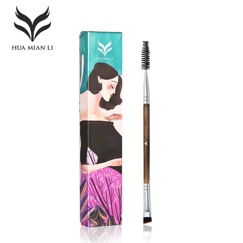 HUAMIANLI 2In1 Goat Hair Eyebrow Brush Professional High Quality Brow Cosmetic Tools Makeup Brushes Eyelash Roll Gift Box | Красота и