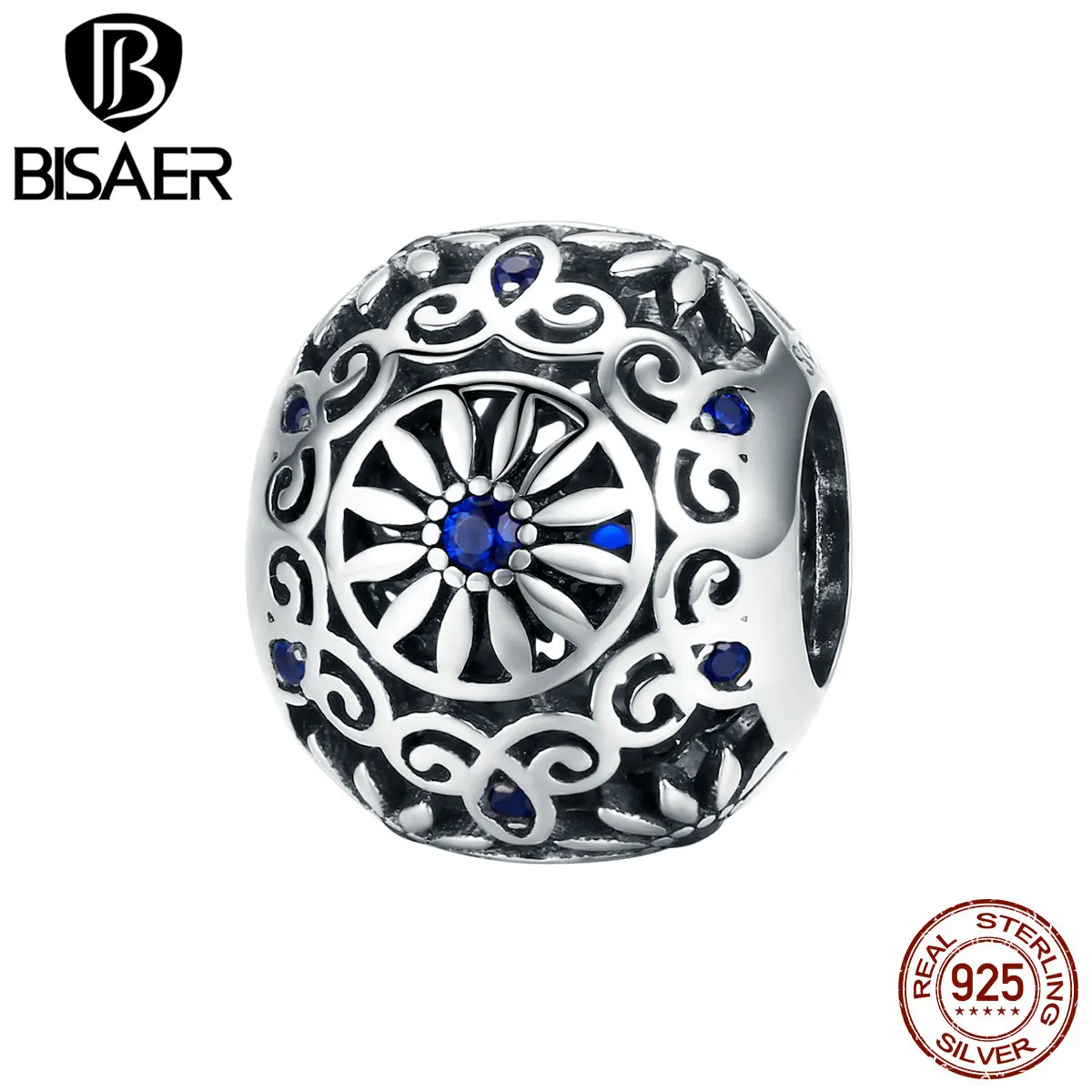 BISAER, 925 пробы, серебряный, винтажный, цветок ромашки, листья, бусины, талисманы, подходят к оригинальному браслету, сделай сам, 925, Серебряное ювелирное изделие ECC1119