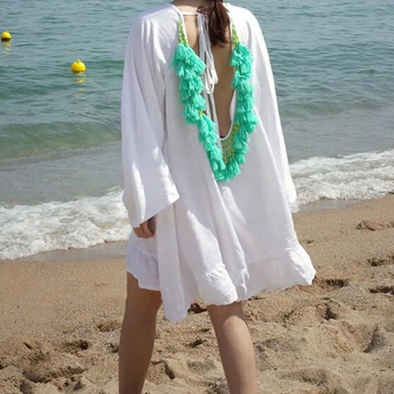 Женские летние платья 2017 открытая спина кисточки Пляжная накидка пляжная одежда
