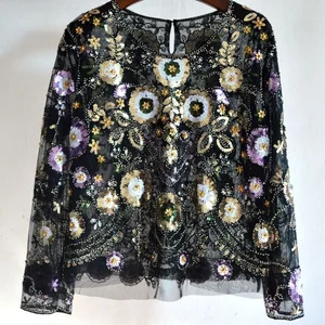 Блузка с цветочными блестками, топы, Весенняя блузка с круглым вырезом и длинным рукавом, короткая кружевная блузка
