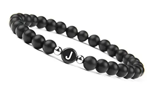 Letter J bracelet Браслет из бисера с натуральными камнями для мужчин и женщин, A-Z браслет с 26 буквами, 6 мм, матовый черный оникс, браслеты ручной работы, модное ювелирное изделие - Окраска металла: Letter J bracelet