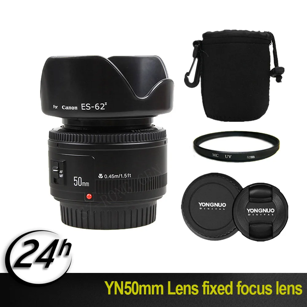 Аутентичный YN50mm объектив с фиксированным фокусом EF 50 мм F/1,8 AF/MF объектив с большой апертурой объектив с автофокусом+ 52MVUV+ бленда для Canon DSLR Camer