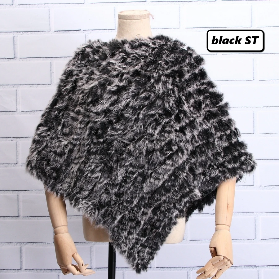 black ST ZDFURS* Осень-зима, женское пончо из натурального кроличьего меха, треугольная меховая шаль, натуральный мех, пуловеры, вязаная накидка с кроличьим мехом - Цвет: black ST
