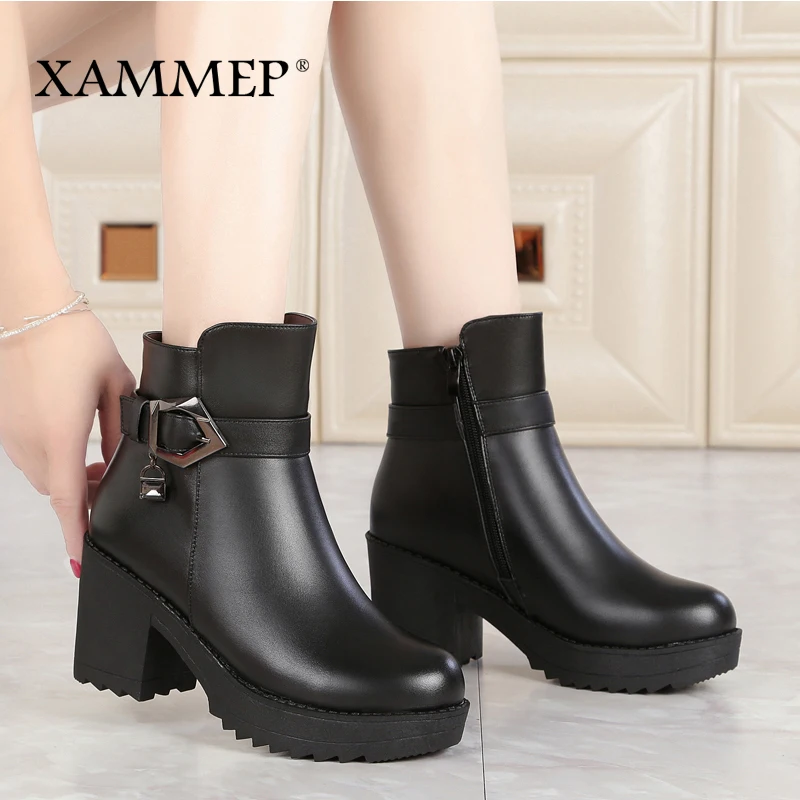 Женские зимние ботинки из натуральной кожи Xammep ботильоны шерсти с плюшевой