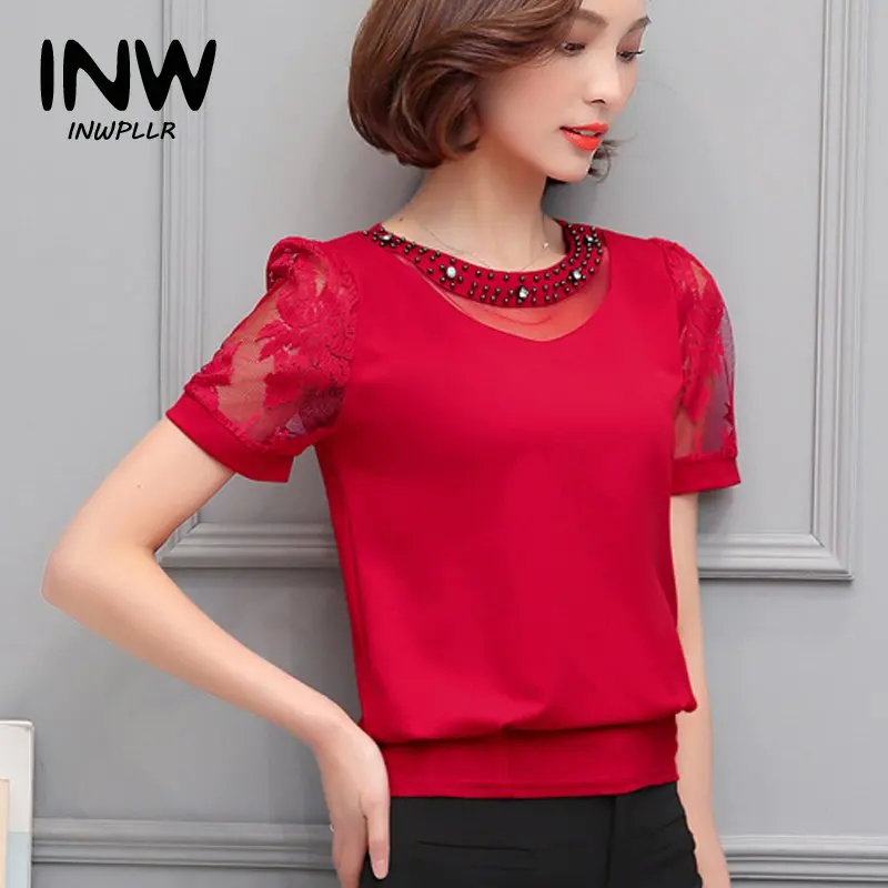 Женская шифоновая блузка с коротким рукавом кружевом | одежда