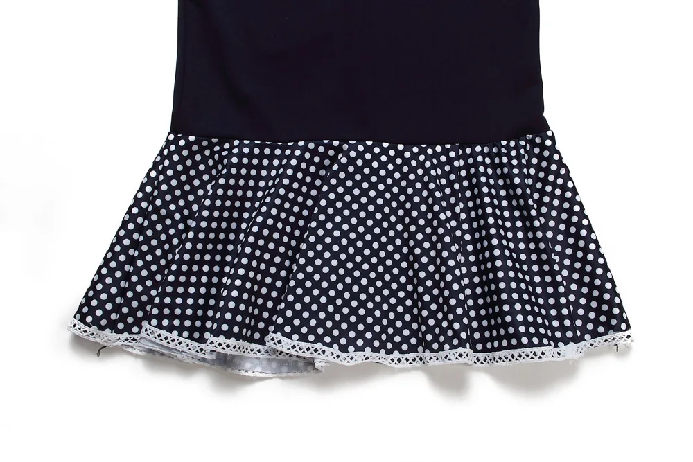 Женское платье скромное тонкое лоскутное с поясом на талии в горошек