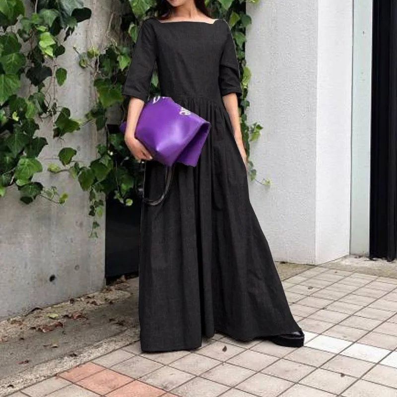 Большие размеры Vestidos женское летнее повседневное свободное однотонное гофрированное Платье макси с рукавом до локтя, вечерние платья в винтажном стиле