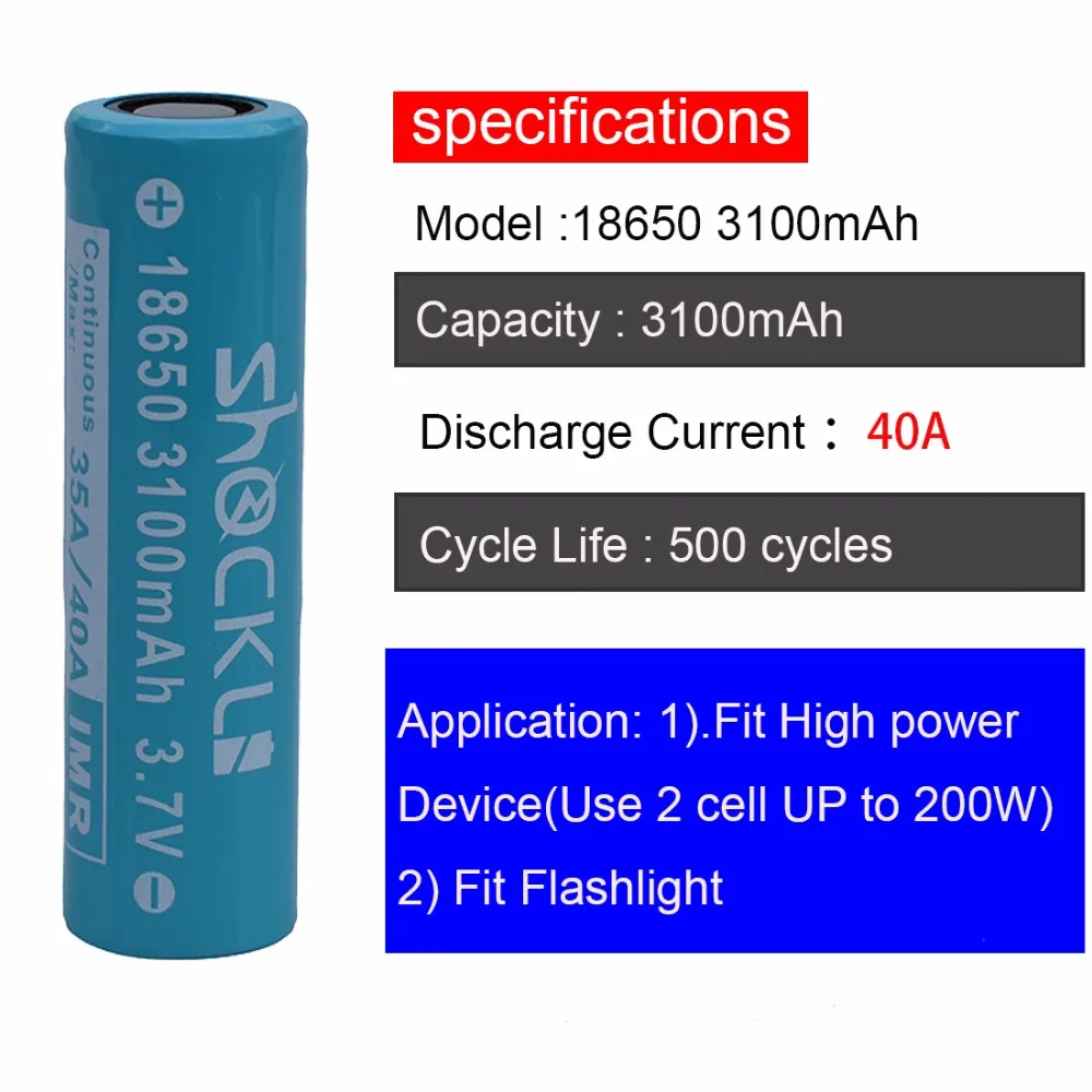Shockli 18650 Батарея 3,7 V 3100mAh 3000mAh литий-ионная батарея 40A литиевая аккумуляторная батарея для фонарика электронной сигареты