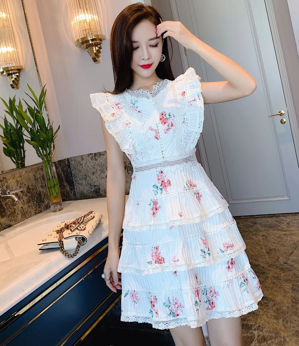High Quality Runway Summer women Backless bow Mini Cake Dress flowers Print sleeveless Ruffles party Dress vestidos