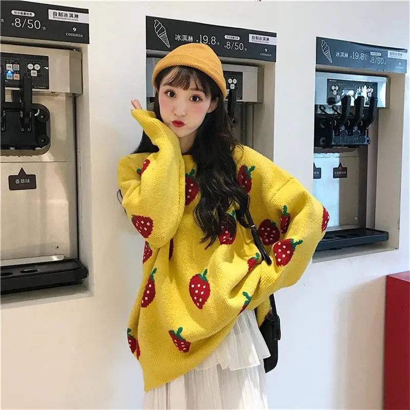 Клубника свободный свитер с круглым вырезом в Корейском стиле Японии пуловер Для