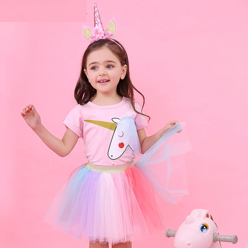 Платье для девочек 2018 новый летний Повседневное Стиль мультфильм Единорог