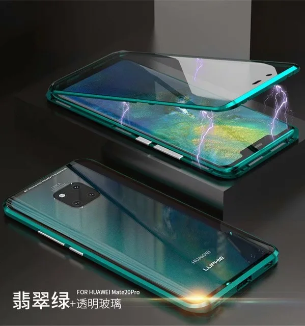 green 360 полный защитный Магнитный чехол для huawei mate 20 Pro противоударный чехол металлический бампер передний+ задний двойной стекло в рамке чехол - Цвет: green
