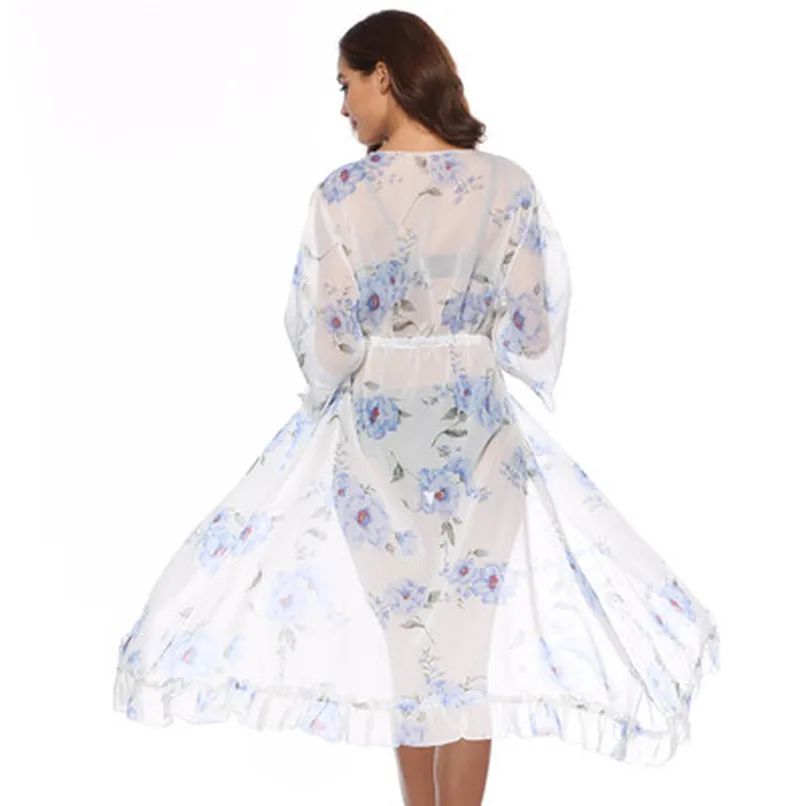 Размера плюс длинное пляжное кимоно Boho шифон Цветочный кардиган Verano 2020 Flare