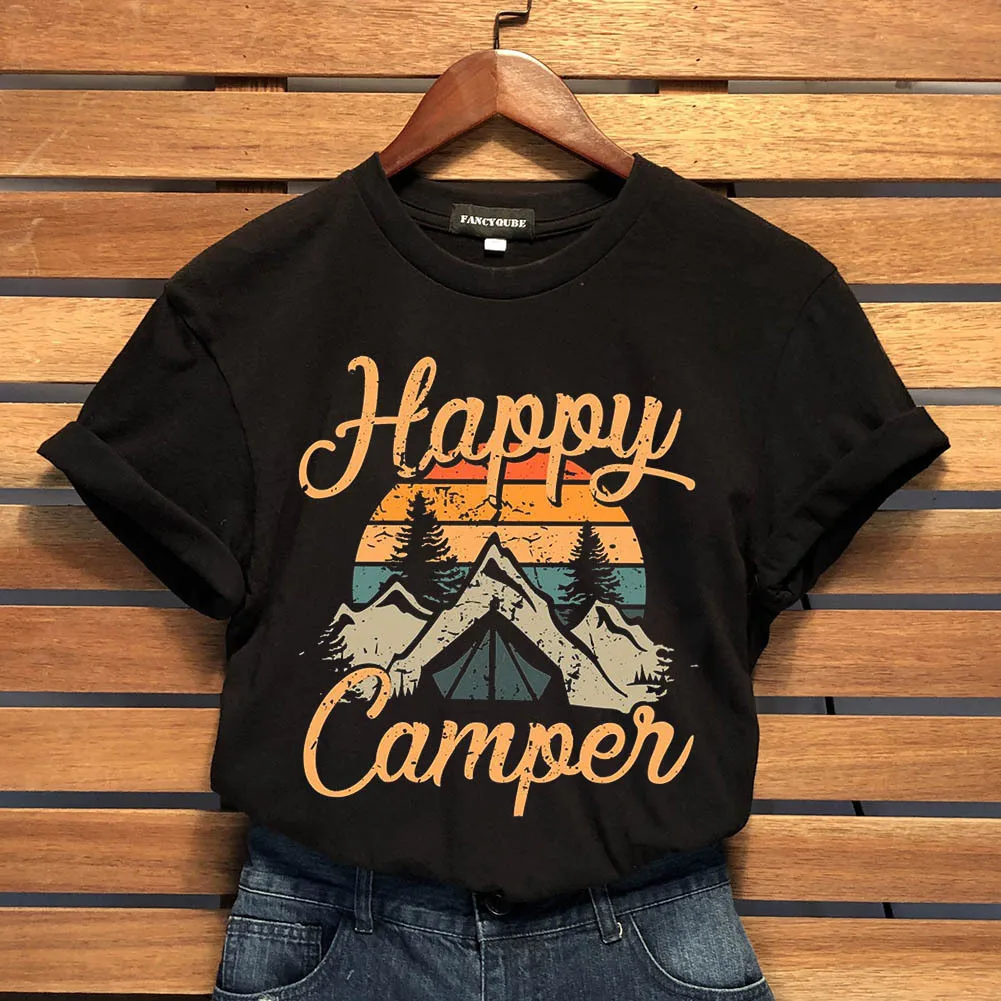 Happy Camper/женские футболки с буквенным принтом в стиле Харадзюку; Модные Повседневные базовые футболки с коротким рукавом и круглым вырезом; свободные футболки унисекс черного цвета