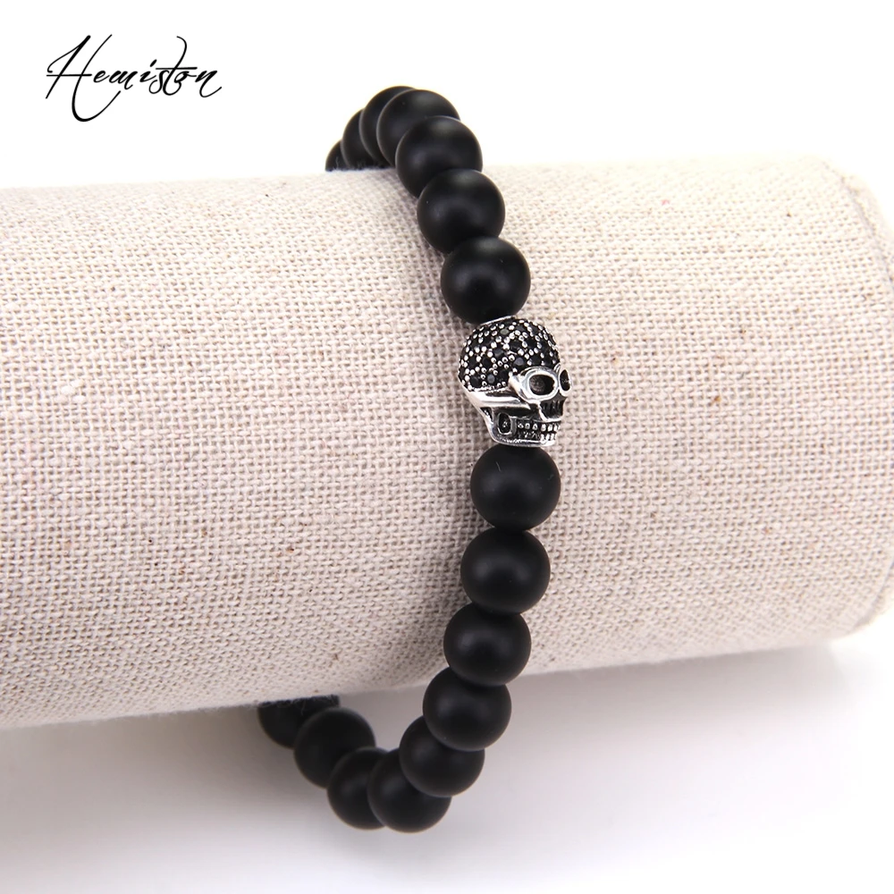 Браслет с черепом Томаса и бусинами из матового черного обсидиана европейские