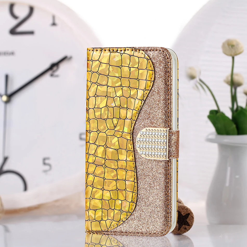 Golden Чехол-Кошелек с лазерной пудрой для Redmi Note 7 Pro 7S 6 Pro 6A 5A Note 5A Prime, блестящая задняя крышка для Xiaomi A2 Lite, чехлы для телефонов - Цвет: Golden