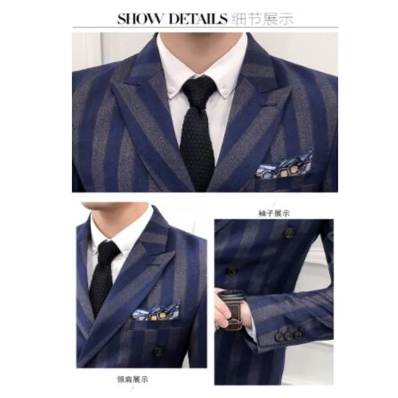 

Slim Fit Double Breasted Suit 2018 Latest Coat Pant Designs Skinny Men Prom Stripe Suits Wedding Costume Homme Luxe 3 Piece