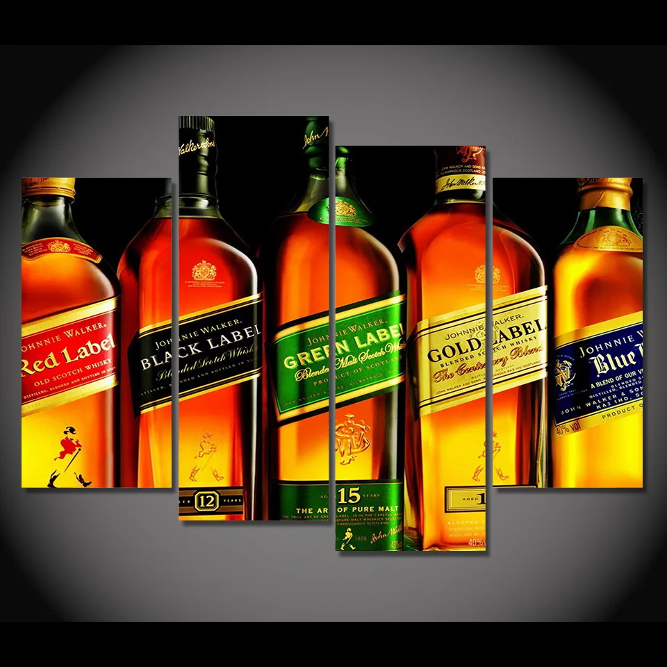 4 панели Холст Картина Johnnie Walker на холсте виски домашний Декор печать плакат