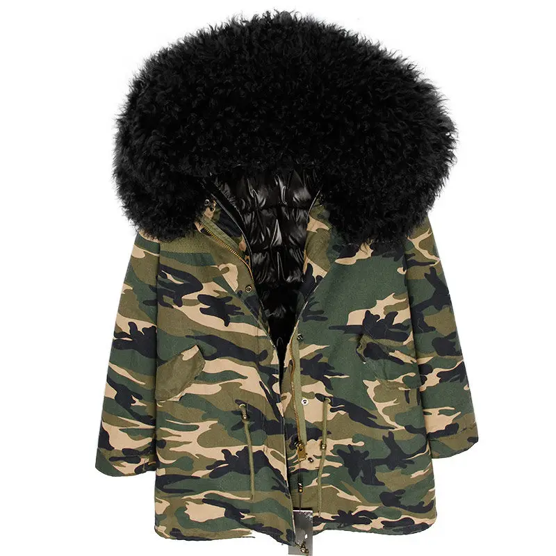 camo black OFBUT, зимняя женская куртка, пальто с натуральным мехом, длинная парка, воротник из натурального меха монгольской овцы, гусиный пух, пальто, Толстая теплая уличная одежда - Цвет: camo black